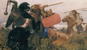 XIX-wieczny obraz przedstawiajacy walkę Słowian